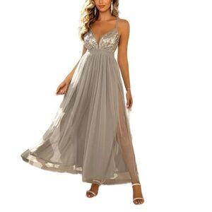 NWOT Sequin Crisscross Backless Split Thigh Mesh Cami Dress Size L